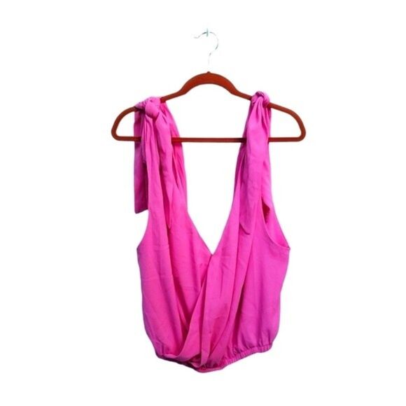 SHEIN Tops - Shein Curve Pink Deep V Shoulder Tie Elastic Waist Top 0XL 1 0191
